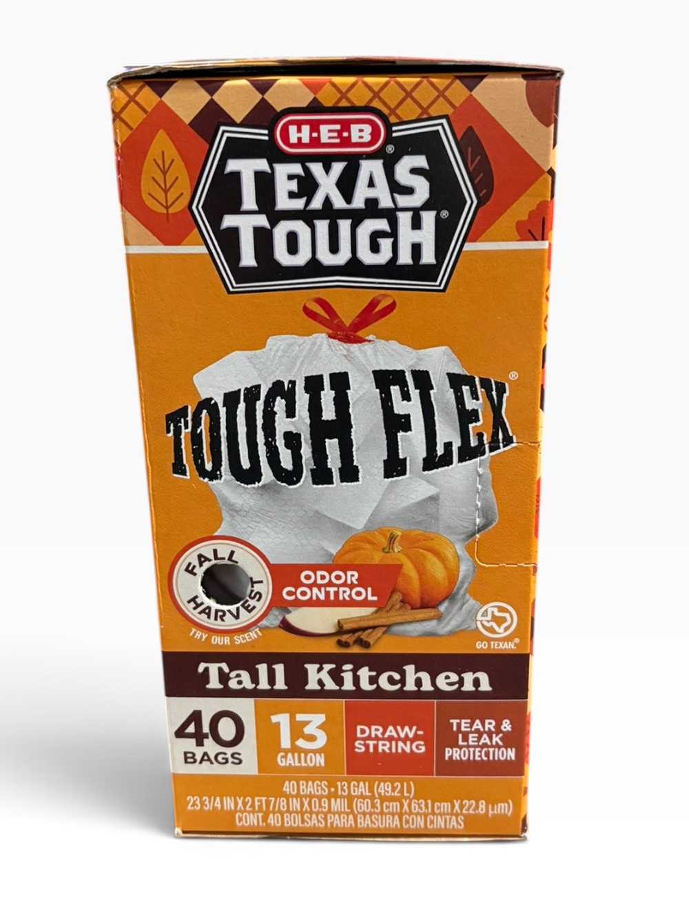 New H-E-B Texas Tough Tall Kitchen Flex Trash Bags In Fall Harvest Scent